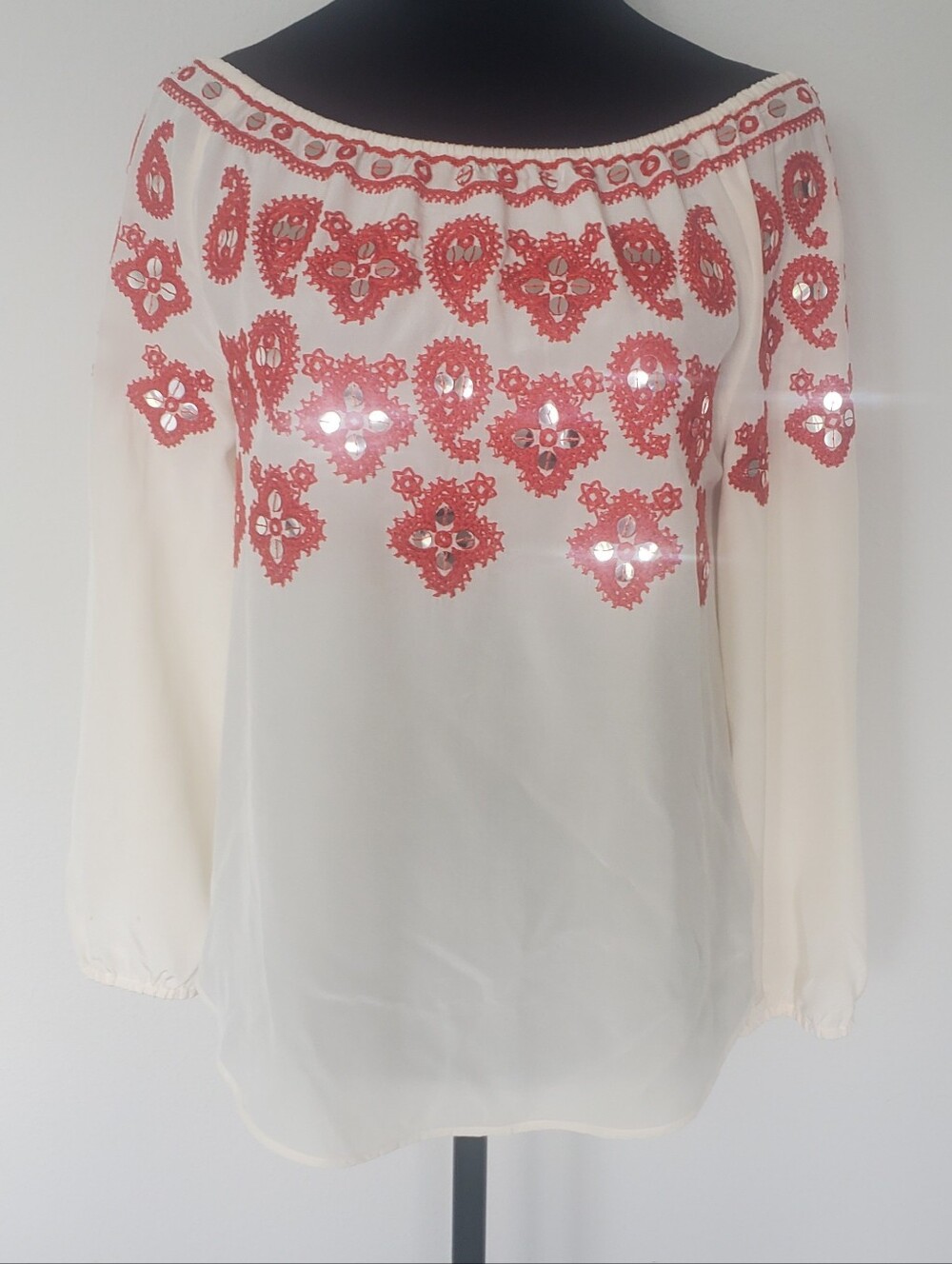 Leyla's Embellished Off-the-Shoulder Silk Blouse in New Ivory-red Canyon
